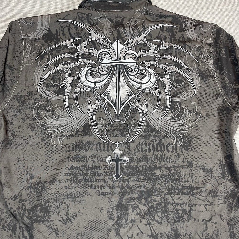 Affliction Live Fast Button Shirt Mens M Skull Cross Grunge Stretch Material - Picture 6 of 8